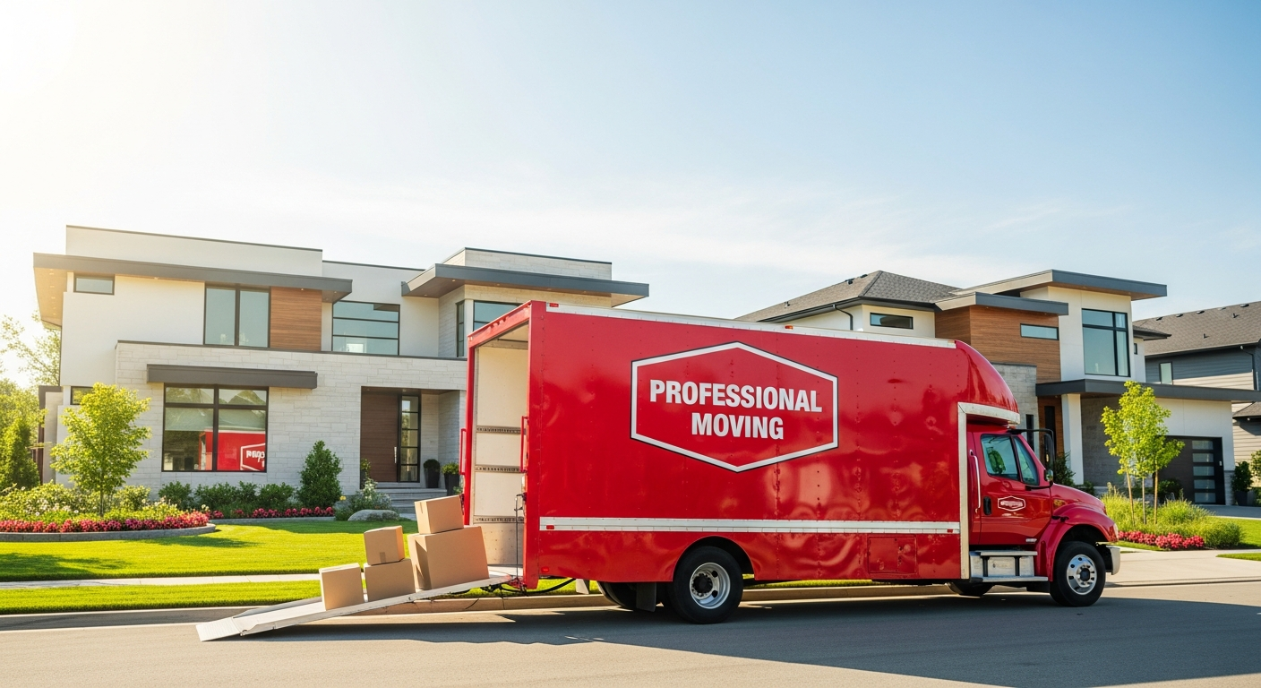 Moving truck in front of a beautiful home